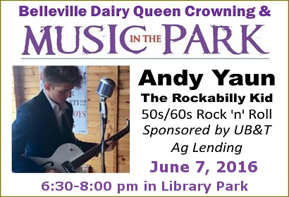 Music in the Park Andy Yaun The Rockabilly Kid playing 50's and 60's era rock 'n' roll June 7th from 6:30-8:00 PM Library Park