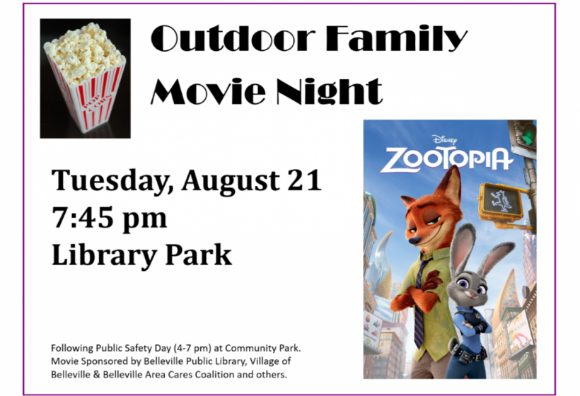 Outdoor Family Movie Night, Aug 21, 7: 45 pm at Library Park