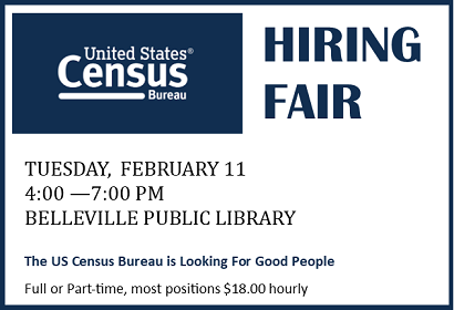 Census Hiring Fair Tuesday, February 11, 2020 from 4:00 - 7:00 pm