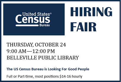 Census Hiring Fair, Thursday, October 24, 9 AM to 12 PM at Belleville Public Library