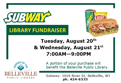 Subway Fundraiser Aug 20-21 to benefit the Belleville Public Library