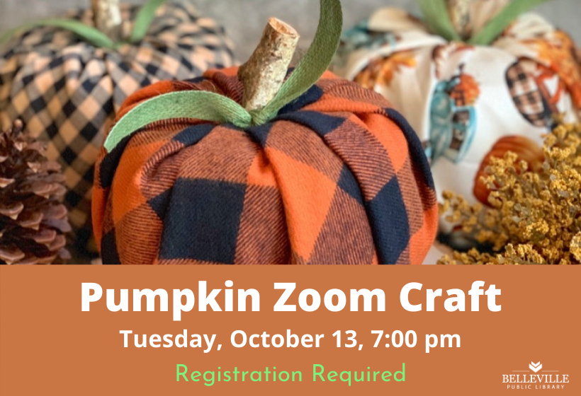 Pumpkin Zoom Craft, Tuesday, October 13, 2020 at 7:00 pm.  Registration required.
