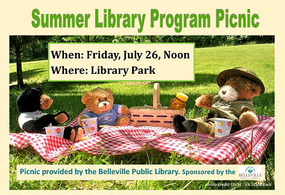 Summer Library Program Picnic, Friday, July 26, 2019 at noon, Library Park