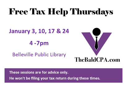 Free Tax Help Thursdays Jan 3, 10, 17, 24 from 4 - 7 pm