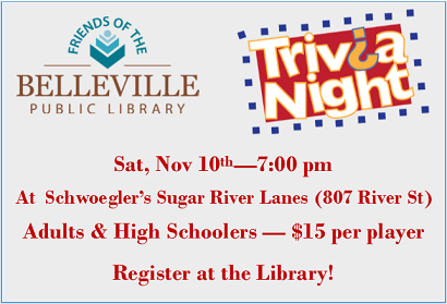 Trivia Night,  November 10, 7:00 pm at Schwoegler's Sugar River Lanes