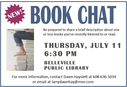 Book Chat Thursday, July 11, 2019 at 6:30 pm. 